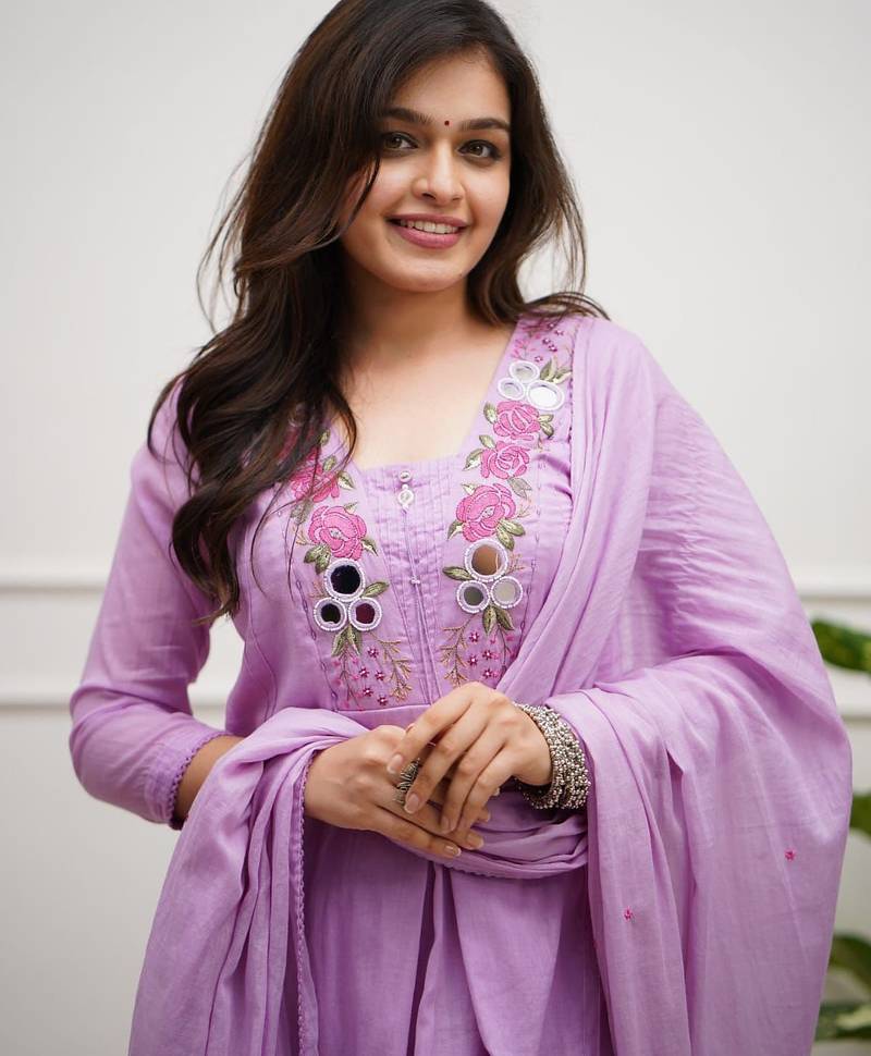 Floral embroidered purple v neck cotton kurta set with trouser & dupatta