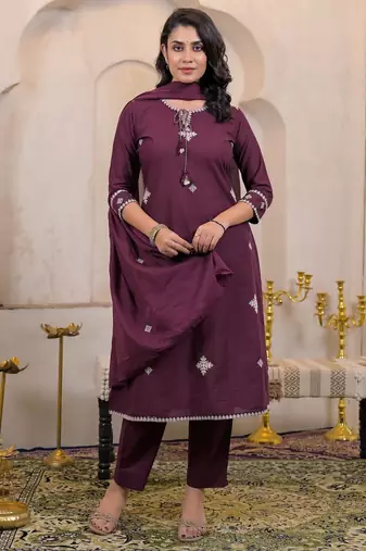 Floral embroidered purple round neck cotton kurta set with trouser & dupatta