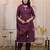 Floral embroidered purple round neck cotton kurta set with trouser & dupatta