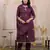 Floral embroidered purple round neck cotton kurta set with trouser & dupatta