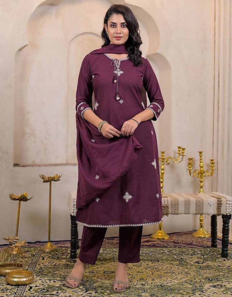 Floral embroidered purple round neck cotton kurta set with trouser & dupatta
