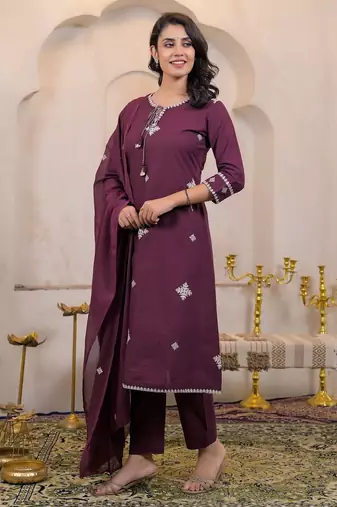 Floral embroidered purple round neck cotton kurta set with trouser & dupatta