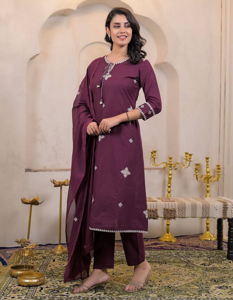 Floral embroidered purple round neck cotton kurta set with trouser & dupatta