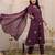 Floral embroidered purple round neck cotton kurta set with trouser & dupatta