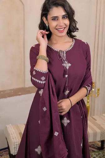 Floral embroidered purple round neck cotton kurta set with trouser & dupatta