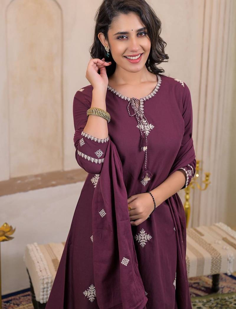 Floral embroidered purple round neck cotton kurta set with trouser & dupatta