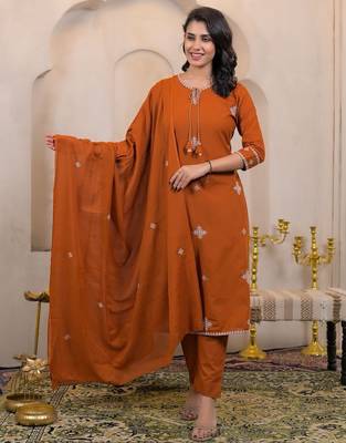 Floral embroidered orange round neck cotton kurta set with trouser & dupatta 1