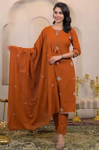 Floral embroidered orange round neck cotton kurta set with trouser & dupatta