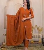 Floral embroidered orange round neck cotton kurta set with trouser & dupatta
