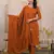 Floral embroidered orange round neck cotton kurta set with trouser & dupatta