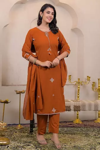 Floral embroidered orange round neck cotton kurta set with trouser & dupatta