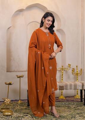 Floral embroidered orange round neck cotton kurta set with trouser & dupatta 3