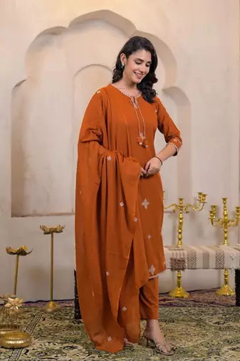 Floral embroidered orange round neck cotton kurta set with trouser & dupatta