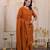 Floral embroidered orange round neck cotton kurta set with trouser & dupatta