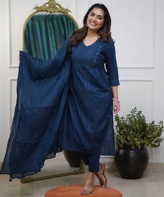 Floral embroidered blue v neck cotton kurta set with trouser & dupatta 1