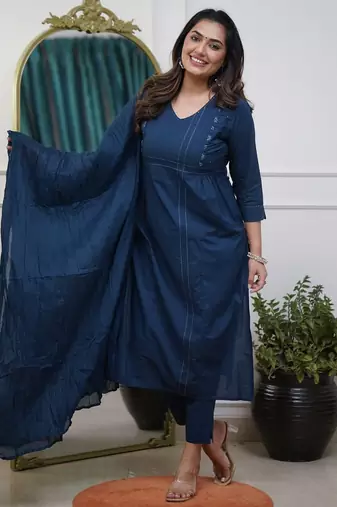 Floral embroidered blue v neck cotton kurta set with trouser & dupatta