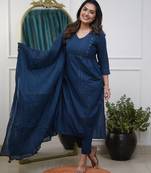 Floral embroidered blue v neck cotton kurta set with trouser & dupatta