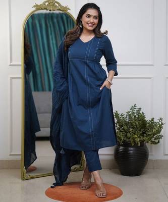 Floral embroidered blue v neck cotton kurta set with trouser & dupatta 2