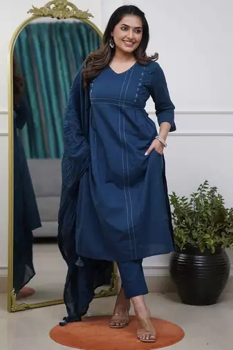 Floral embroidered blue v neck cotton kurta set with trouser & dupatta