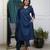 Floral embroidered blue v neck cotton kurta set with trouser & dupatta