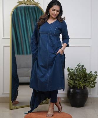Floral embroidered blue v neck cotton kurta set with trouser & dupatta 3