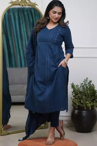 Floral embroidered blue v neck cotton kurta set with trouser & dupatta