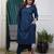 Floral embroidered blue v neck cotton kurta set with trouser & dupatta