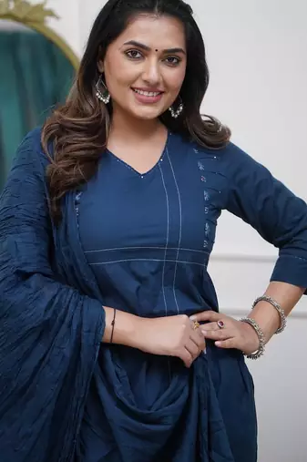 Floral embroidered blue v neck cotton kurta set with trouser & dupatta