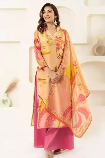 Cream and pink tissue kurta set