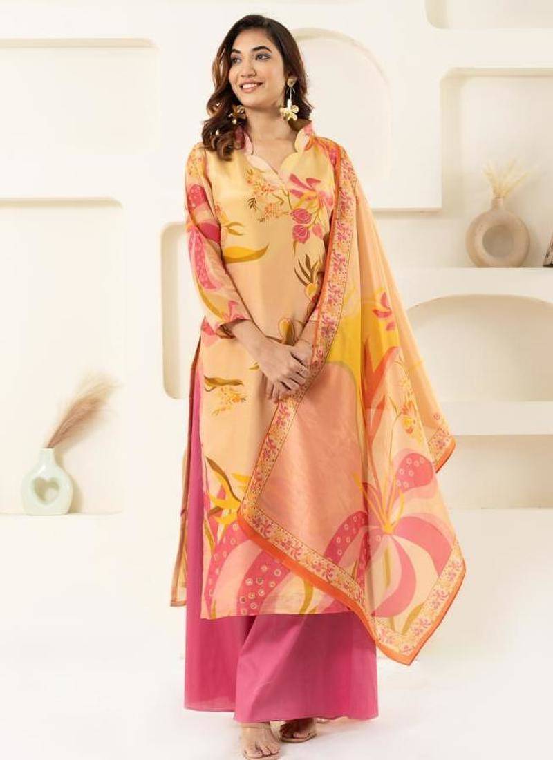 Cream and pink tissue kurta set