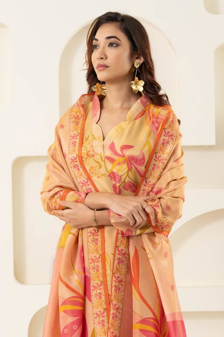 Cream and pink tissue kurta set