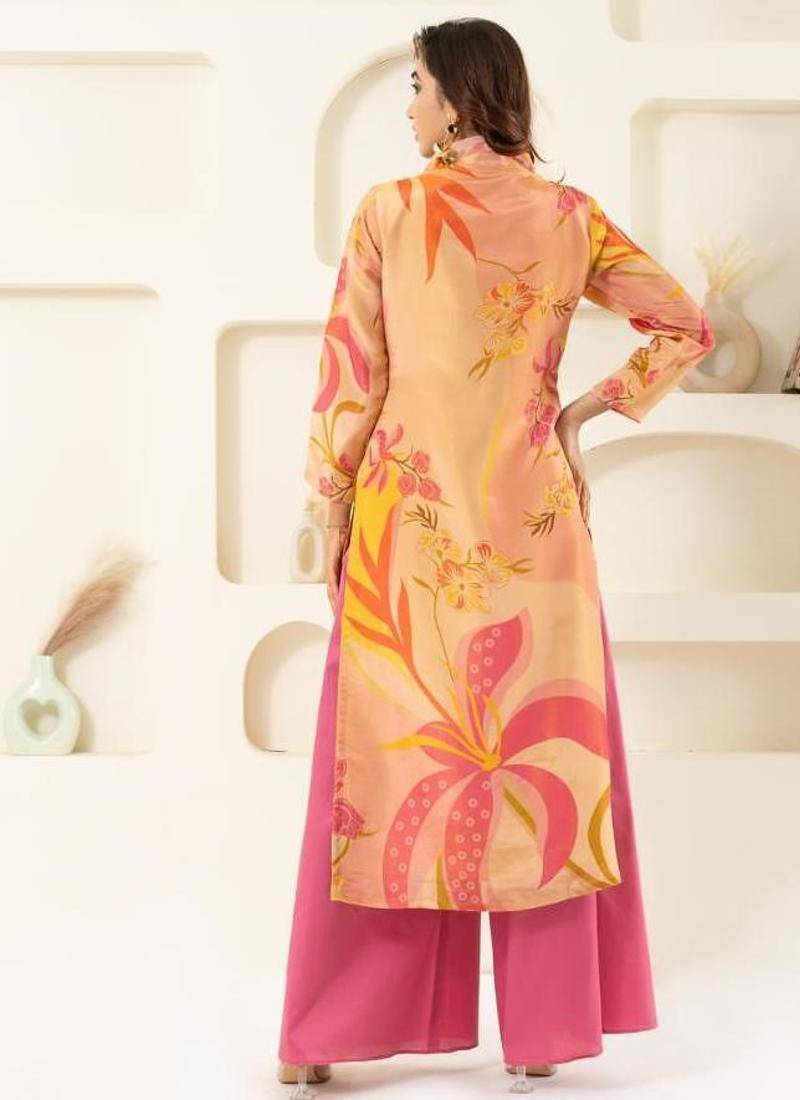 Cream and pink tissue kurta set