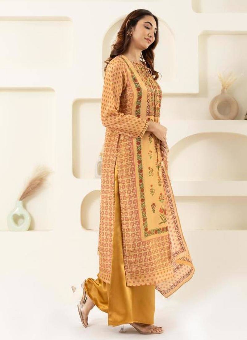 Floral embroidered gold tissue kurta set
