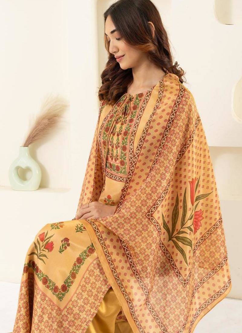 Floral embroidered gold tissue kurta set