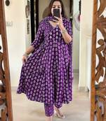 Floral printed purple v neck cotton kurta set with trouser