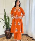 Floral embroidered orange v neck cotton kurta set with trouser