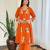 Floral embroidered orange v neck cotton kurta set with trouser
