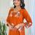 Floral embroidered orange v neck cotton kurta set with trouser