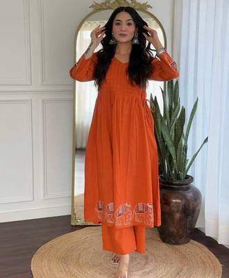 Floral embroidered orange v neck cotton kurta set with trouser 1