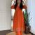 Floral embroidered orange v neck cotton kurta set with trouser