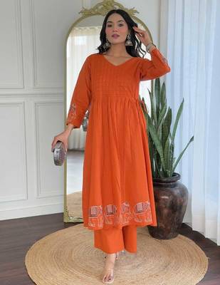 Floral embroidered orange v neck cotton kurta set with trouser 2