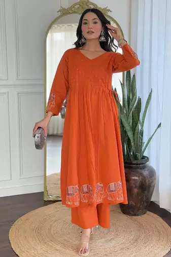 Floral embroidered orange v neck cotton kurta set with trouser