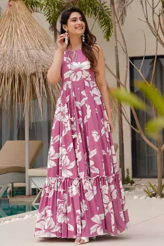 Floral printed purple v neck cotton kurta set with trouser