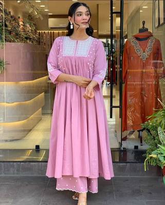 Floral embroidered pink round neck cotton kurta set with trouser 1