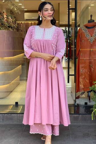 Floral embroidered pink round neck cotton kurta set with trouser