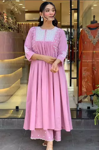 Floral embroidered pink round neck cotton kurta set with trouser