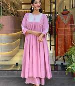 Floral embroidered pink round neck cotton kurta set with trouser
