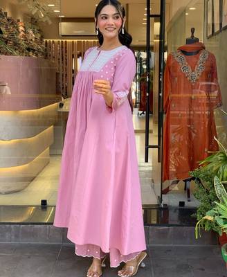Floral embroidered pink round neck cotton kurta set with trouser 2