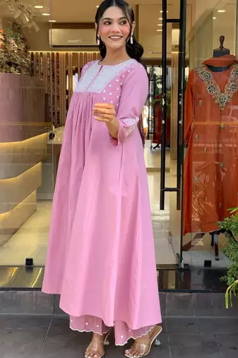 Floral embroidered pink round neck cotton kurta set with trouser