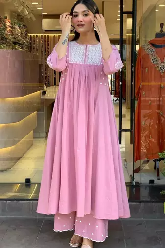 Floral embroidered pink round neck cotton kurta set with trouser